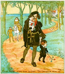 "Die Eltern sind tot und fort, die Kinder nimmt er mit nach Hause", Illustration für Babes in the Wood, 1885